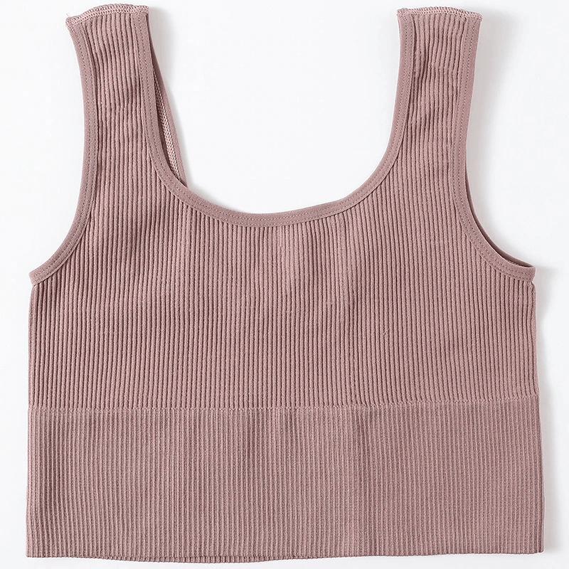 Ribbed seamless tank top, mauve color, perfect for fitness, yoga, and sports with breathable fabric, front view.